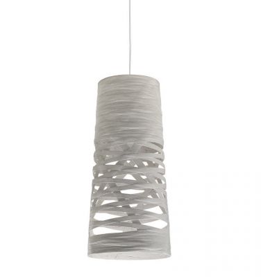 Weiße Tress Mini Pendelleuchte von Foscarini, moderne Hängelampe mit geflochtenem Design für stilvolle Innenbeleuchtung.